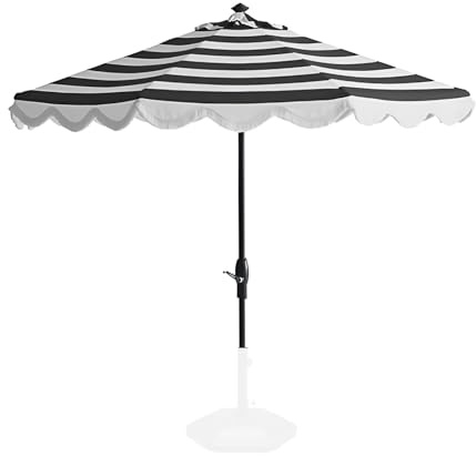 Parasol de terrasse rayé de 2,1 m avec franges - Parasol de marché en aluminium de 2,7 m avec aération et manivelle - Parasol de jardin pour terrasse, piscine et terrasse