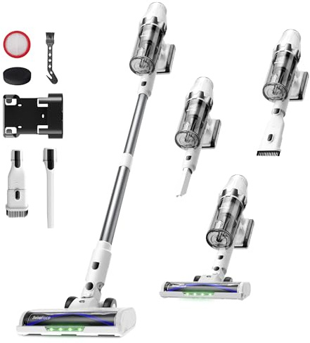 ElecKeys Akku Staubsauger 48000Pa/580W/65Min Staubsauger Kabellos mit LED Display, Selbststehend, Anti-Tangle-Bürste, 7-Schicht-Filtration, Akkustaubsauger für Hartböden Teppiche Tierhaare, Weiß