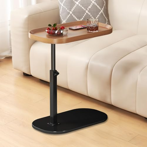 Höhenverstellbarer Beistelltisch mit erhöhtem Rand 30x45cm, Kleiner C-Form Betttisch Sofatisch mit 360° Drehbar, Holz Ovaler C-förmiger Side Table Laptoptisch für Wohnzimmer Couch Sofa Bett (Wood)