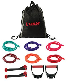 Lifeline Resistance Trainer Kit with 10lb to 100lb Adjustable Resistance Level Bands for More Workout Options Includes Triple Grip Handles, Door Anchor, 5ft Exercise Tubes and Carry Bag, pro