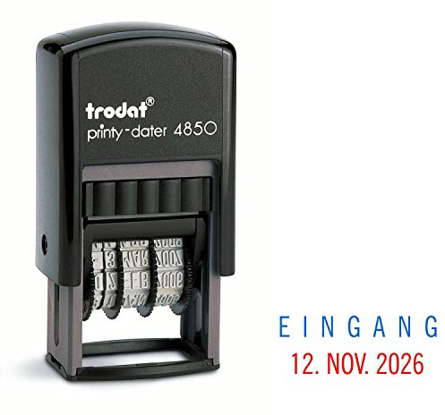 Trodat Printy Dater 4850 Datumstempel mit 2farbigem Kissen blau/rot + Wunschtext, Stempeltext:E I N G A N G