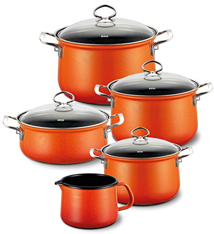 Riess, 0546-034, Spar-Set 5-teilig, NOUVELLE - CORALL, bestehend aus: Fleischtopf mit Glasdeckel 16, 20 und 24 cm, Kasserolle mit Glasdeckel 20 cm und Schnabeltopf 12 cm