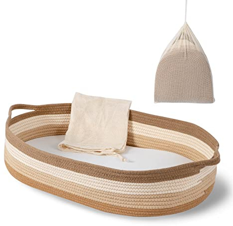 Baby Changing Basket - Moses Basket Changing Table Topper and Thick Foam Pad with Removable Cotton Mattress Cover, 100% Cotton Boho Nursery Decor with Storage Bag