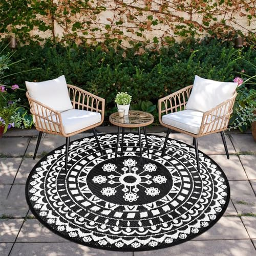 Capslpad Tappeto rotondo da esterno per patio, diametro: 150 cm, reversibile, in plastica, impermeabile, stile boho, rotondo, per interni ed esterni, per camper, cortile, balcone, terrazza, tenda,