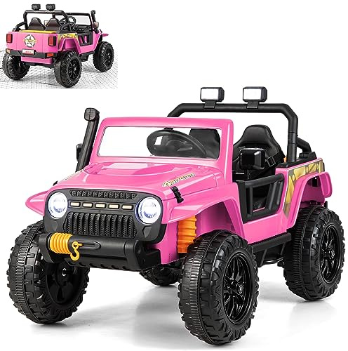GYMAX Kids Ride on Car, 12V Battery Powered Car with Remote Control, Lights, Music, Horn, Storage Box, Safety Belt & Slow Start, Children Electric Truck for 3 Years Old +, Max Weight 100kg (Pink)