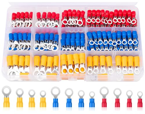 Juego de 180 terminales de cable, terminales de anillo parcialmente aislados para garajes, autopartes, mecánicos, talleres