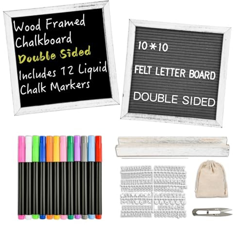 10 x 10 Double Sided Chalkboard Sign with Stand, Small Chalk Board Blackboard Wood Frame Felt Letter Board with 12 Chalk Markers and 340 Letters (White)