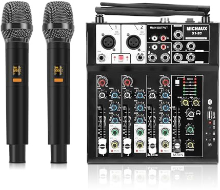 MICNAUX - 4 Channel Audio Mixer, Karaoke Mixer with Dual Wireless Microphones, Professional Sound Board, DJ Mixing Console, MP3, Bluetooth, 48V, USB Interface