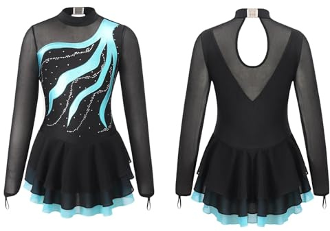 Body Ginnastica Ritmica Bambina Vestito da pattinaggio artistico su ghiaccio for ragazze, maniche lunghe, strass, tutù da balletto, abiti da danza, body da ginnastica, costume da spettacolo(Color1,12)