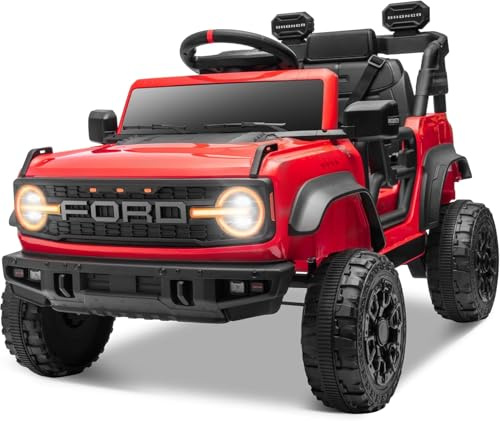 Ford Bronco Raptor 12V Fuoristrada Auto Macchina Elettrica per Bambini Telecomando Luci a Led Bluetooth Cintura di Sicurezza Ammortizzatori Carico Massimo 30 Kg - Rosso