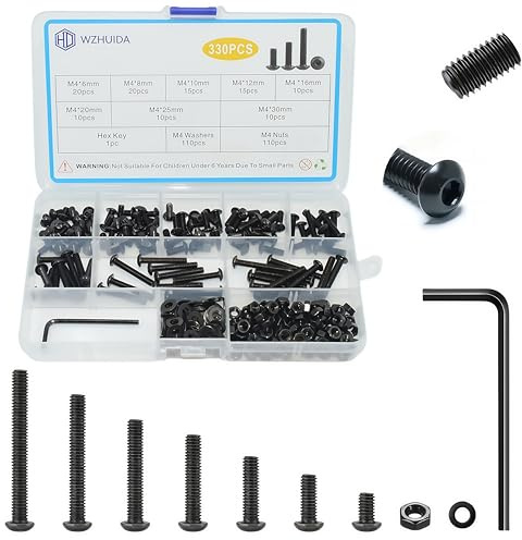 WZHUIDA 330 Stück M4 Schrauben Set, Schwarz Metrisch Linsenkopfschrauben Innensechskant Schrauben Muttern und Unterlegscheiben Sortiment Set, Gewindemaschinen Sechskantschrauben