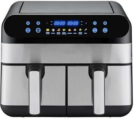 Panana Dual Zone Heißluftfritteuse mit Sichtfenster, Friteuse sans Huile avec 2 Tiroir, 9L XL Airfryer, 8 in 1 Programmes de Cuisson, Zeit- und Temperaturkontrolle, 2400W