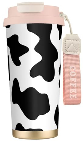 JEJEA Black and White Cow Print Print Stainless Steel Insulated Mugs, Double Wall Coffee Cups, Coffee Travel Mug for Home Office