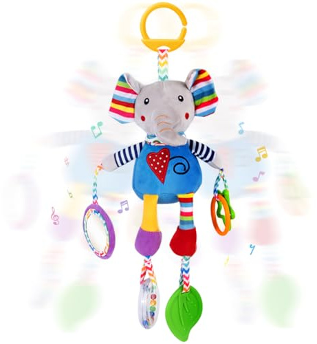Spiritzohic Giochi Passeggino per Neonato, Giocattoli per Neonato Sensoriali, Giocattoli Appesiti di Peluche Elefante, Carrozzina Appesoper Culle e passeggini