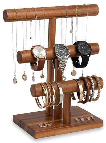 Decorasian Schmuckständer Holz - 3 Etagen Armbandhalter & Uhrenständer | Akazienholz Armbandständer für Armreifen, Haargummis & Uhren - Vintage Schmuck Organizer & Display