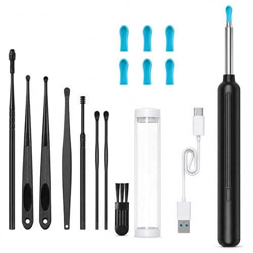 Limpiador de oídos con cámara negra, juego de 6 accesorios de silicona, cable de carga tipo C y botella de almacenamiento, limpiador visual de oídos para adultos, juego de cuidado de oídos para el