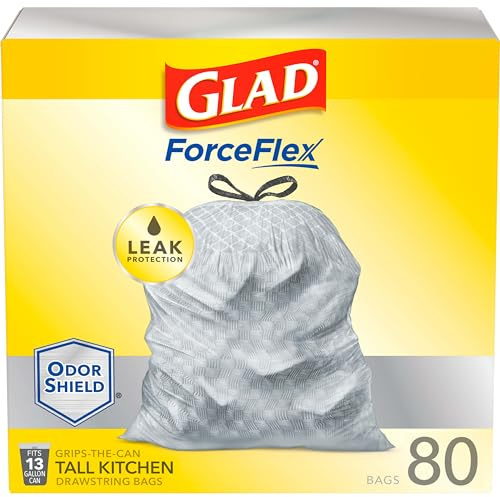 Glad ForceFlex Tall Kitchen Drawstring Trash Bags, 13 Gal, OdorShield, 80 Ct