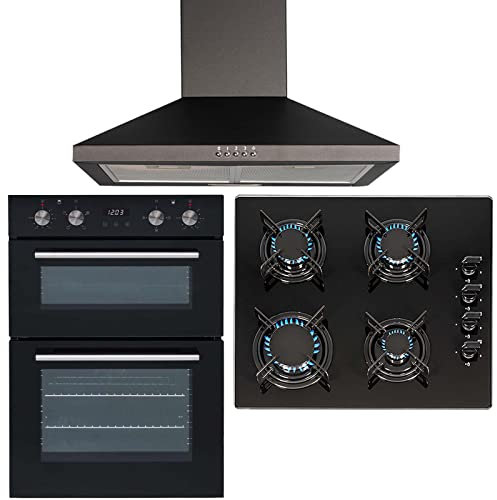 SIA 60cm Black Double Electric Fan Oven, 4 Burner Gas On Glass Hob & Cooker Hood