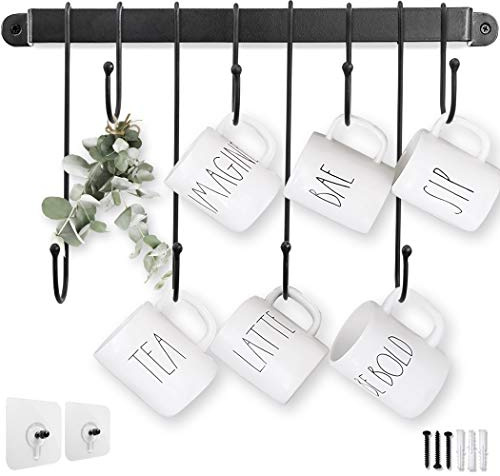 AJART Coffee Mug Rack (17 Inch/Black) Wall Mounted Coffee Cup Holder with Flexible Hooks for Coffee Mugs Teacups Mason Jar Kitchen Utensils, Display Organizer and Storage Hanger