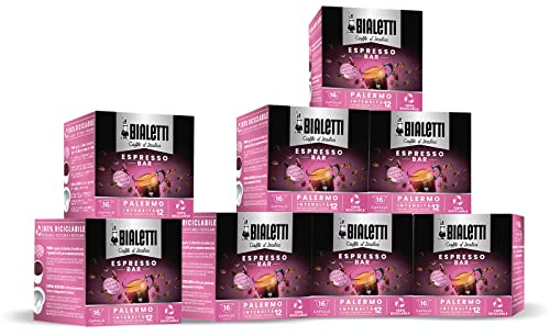Bialetti Caffè d'Italia, Multipack 128 Capsule, 8 Box da 16 Capsule, Palermo, Intensità 12, Compatibili con Macchine Bialetti sistema chiuso, 100% Alluminio