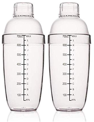 FEOOWV 2 Pcs Plastic Cocktail Shaker,Drink Mixer Hand Shaker Cup with Scales,Bar Tool Transparent (24 oz / 700cc)