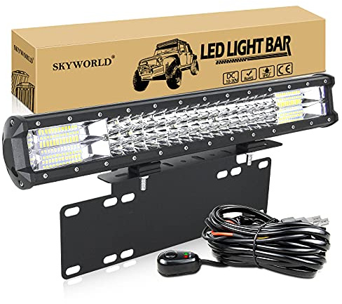 SKYWORLD LED-ljusramp, 20 tum 288 W trippelrad spot-flood kombinationsstråle, offroad-körnings lampor med monteringsfäste för registreringsskylt ledningssele kit för lastbil bil ATV SUV 4 x 4 båtarbetslampa 12 V 24 V