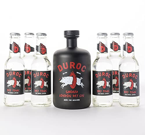 Duroc, Set con una Bottiglia di Smoked London Dry Gin da 700 mL e 6 Bottiglie di Acqua Tonica, Ideale per Preparazione di Gin Tonic, Adatto da Abbinare a Carni Rosse e Barbecue, Made for Grillers