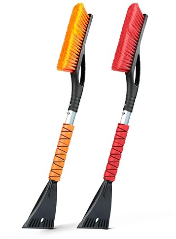 EcoNour 27 Aluminum Car Snow Scraper and Brush (Orange) | Weaved Bristle Head with Metal Body Ice Scraper for Car Windshield | Tough Ice Scraper with Ergonomic Foam Grip Winter Accessory | 2 Pack