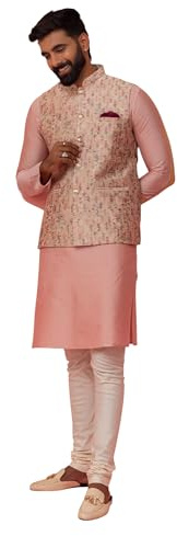 KISAH Men's Kurta Jacket Set with Churidar – Printed Silk Blend Jacquard Ethnic Set with Mandarin Collar – Indian Wedding & Festive Wear for Diwali, Eid & Celebrations, Pink, 38