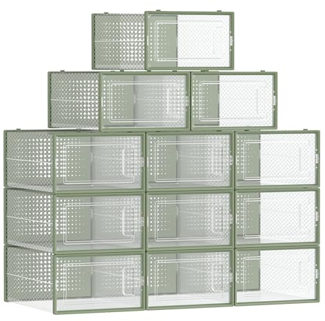 SONGMICS Boîtes à Chaussures, Lot de 12, Rangement Chaussures, Pliable, pour Pointure Jusqu’à 44, Transparent et Vert Olive LSP12SG30