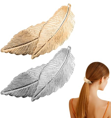 Thgtao Vintage Blatt Haarspange, 2 Stück Feder Blatt Haarklammern, Barrette Metall Haarspange, Haarschmuck Kopfschmuck für Frauen Und Mädchen (Silber+Gold)