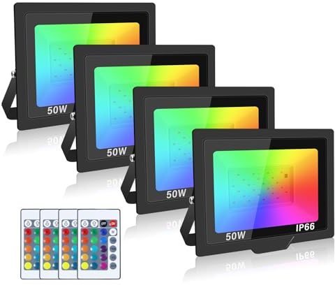 SKYWORLD 4 Stück LED Strahler Außen, 50W RGB Fluter mit Fernbedienung, LED Flutlichtstrahler Scheinwerfer mit 16 Farben 4 Modi, Wasserdicht für Aussen Innen Garten Baum Landschaft Stimmungslicht