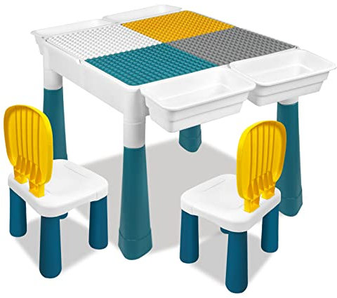 LILIIN 6 in 1 Kindertisch Spieltisch Tisch mit 2 Stühle & 162 Stück Bausteine, Höhenverstellbarer Aktivitätstisch Multifunktionaler Set, für Jungen und Mädchen, Typ A