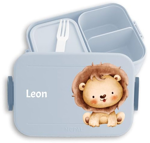 Kinder Bento Box Midi Lunchbox für Mepal Bentobox - Löwen - Süßer Löwe Löwenmotiv Lion - 900 ml - Hellblau - brotdose kindergarten leo süß vesperbox brotzeitbox mädchen kita tiere brotbox