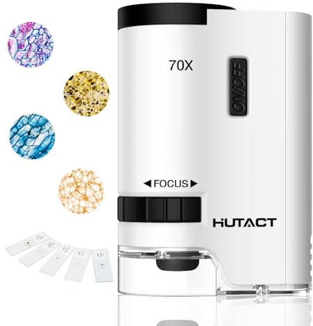 HUTACT 70x Taschenmikroskop für Kinder, tragbares Mini Handmikroskop mit 5 Objektträgern für Kinder zum Lernen, Bildung