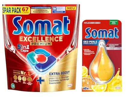 SOMAT 4in1 Caps 2x67 (134) AW Excellence, schnellauflösende Spülmaschinentabs, entfernen selbst hartnäckige Essensreste + Somat Duo Power Experten Deo Perls 60 AW Zitrone & Orange Duft 17g