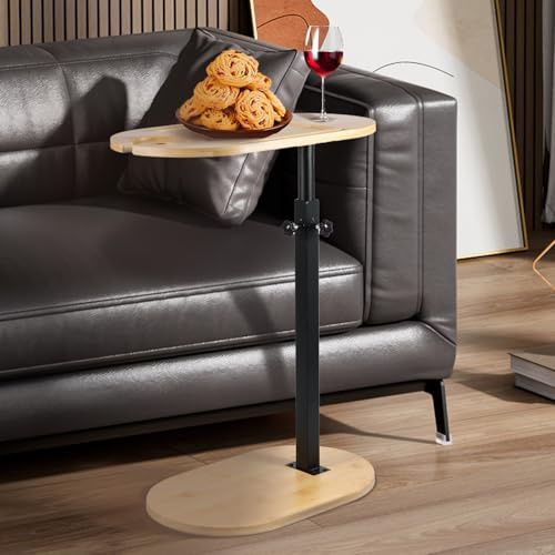 Mesa auxiliar de sofá giratoria de 360°, mesa auxiliar de 42 a 78 cm de altura ajustable con ranuras para teléfono, bandeja para brazo de sofá en forma de C para sofá, silla, reclinable, bañera o