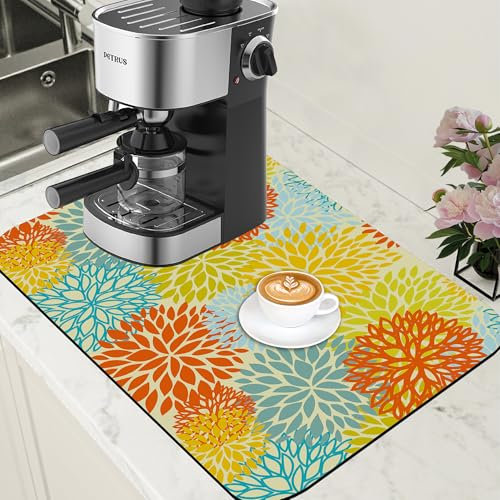 Orange und blaue Chrysanthemen-Blume, saugfähige Abtropfmatte, Flecken, Gummi-Rückseite, Kaffee-Bar-Zubehör, passt unter Kaffeemaschine, Kaffeekanne, Espressomaschine, 40 x 60 cm