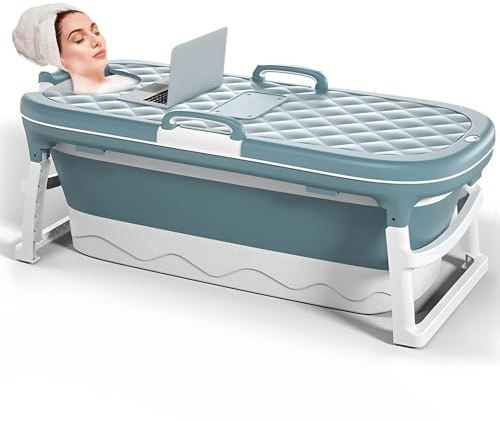 Warmiehomy Baignoire portable pour adulte, 138 x 62 x 52 cm, grande baignoire pliable, baignoire épaisse sur pied, baignoire de massage à la vapeur avec couvercle, baignoire de sauna à la maison pour