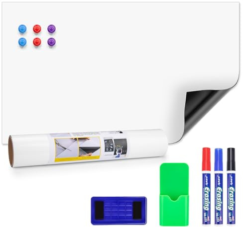 JEFURE Magnetisk Whiteboard-Film, 30×50 cm Magnetfilm Självhäftande, Suddbart Whiteboard Magnetisk med Markör och Svamp, DIY Magnettavla för Släta Ytor i Skolor, Kontor och Hem