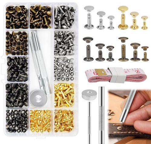 Leder Nieten Set, Nieten für Leder, 180 Set Metallniete Doppelkappe mit Nietenzange Lochzange Hohlnieten 12mm 8mm 6mm Nieten für Leder Nieten, für DIY Lederhandwerk Kleidung Tasche Gürtel Schuhe