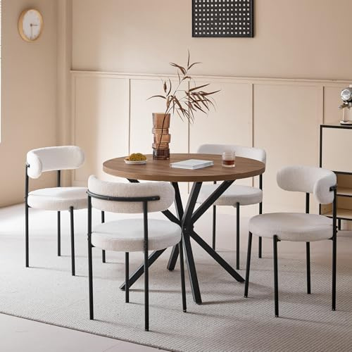 DEYARNA HOME Matgruppsset, bord och stolar, 100 cm runt matbord med 4 matstolar, bord och 4 stolar för kök, vardagsrum, balkong, restaurang, kontor (mörk träfärg + vit)