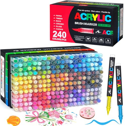 Gunsamg 240 Colores Rotuladores de Pintura Acrílica para Pintura en Piedra, Marcador de Pintura Acrílica para vidrio madera piedra cerámica tela metal lienzo tarjetería