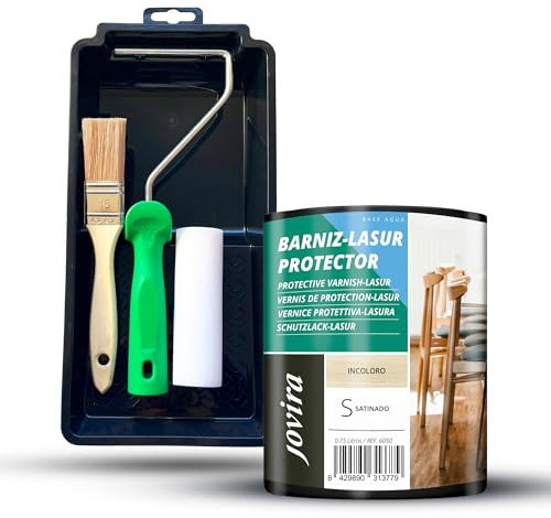 JOVIRA PINTURAS Barniz Lasur Protector Satinado al Agua y Kit con Minicubeta, Rodillo de Espuma, Varilla y Paletina. (750 Mililitros, Incoloro + Kit Barniz-Lasur) E-2-K