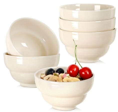 NUTRIUPS 6-Piece 11.5cm Vanilla White Ceramic Bouillon Cups Bowls, Porelain Small Cereal Bowls, 300ml Small Dessert Cups Set of 6