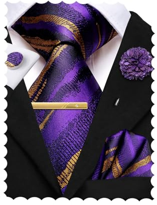 Hi-Tie Purple Gold Silk Ties for Men and Pocket Square Cufflinks Lapel Pin Clip Pin Set Mens Ties Necktie for Wedding Business