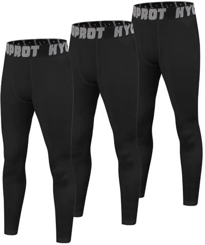 HYCOPROT Barn pojkar kompressionsbyxor tights andas leggings sportiga snabbtorkande träningsoveraller, sportunderkläder för löpning, fotboll, basket, Svart 3-pack, L