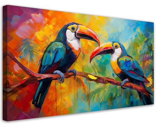 Feeby Leinwandbild - Bilder Wohnzimmer - Tukan Bunte tropische Vögel - 80x40 1tlg - Deko Schlafzimmer - Wanddekoration - Aesthetic - Groß Moderne Bild - Foto auf Leinwand