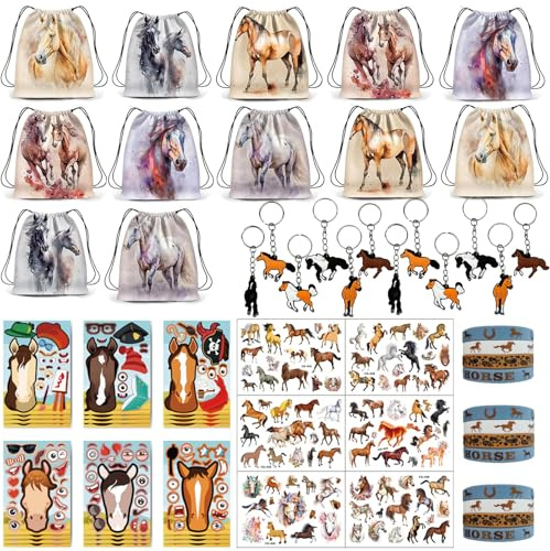 Pferde Party Mitgebsel Kindergeburtstag Gastgeschenke: Give Aways Gastgeschenke mit Turnbeutel Pferde Silikon Armbänder Pferd Schlüsselanhänger - Kindergeburtstag für Mädchen Jungen (Multicolor)