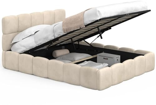 IDMarket - Lit Coffre Double Nuage 140 x 190 cm Velours Beige | Avec tête de lit matelassée et sommier